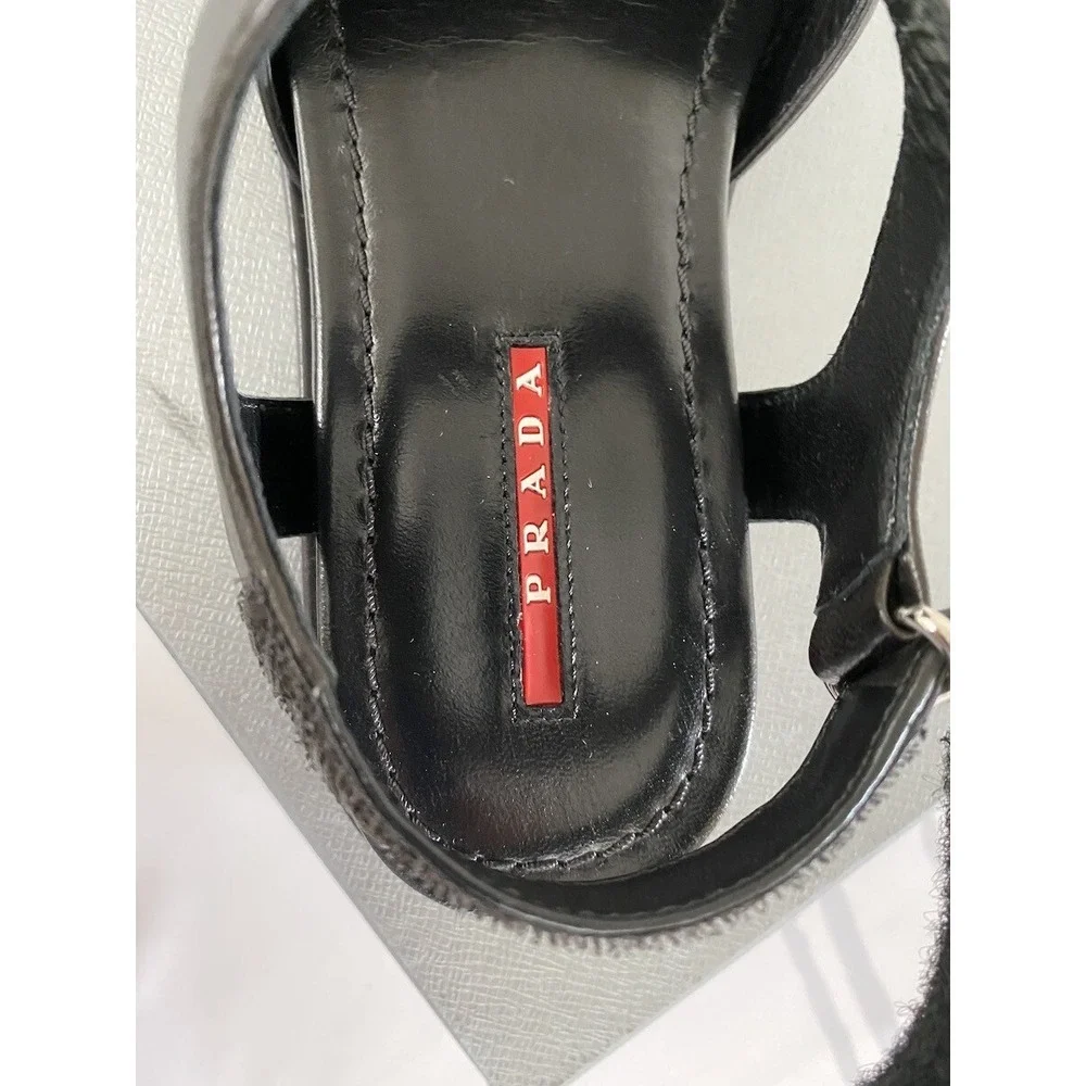 Prada 3X6289‎ Women's BLACK LEATHER STITCHED OPEN TOE FLATS SANDALS, 36.5
